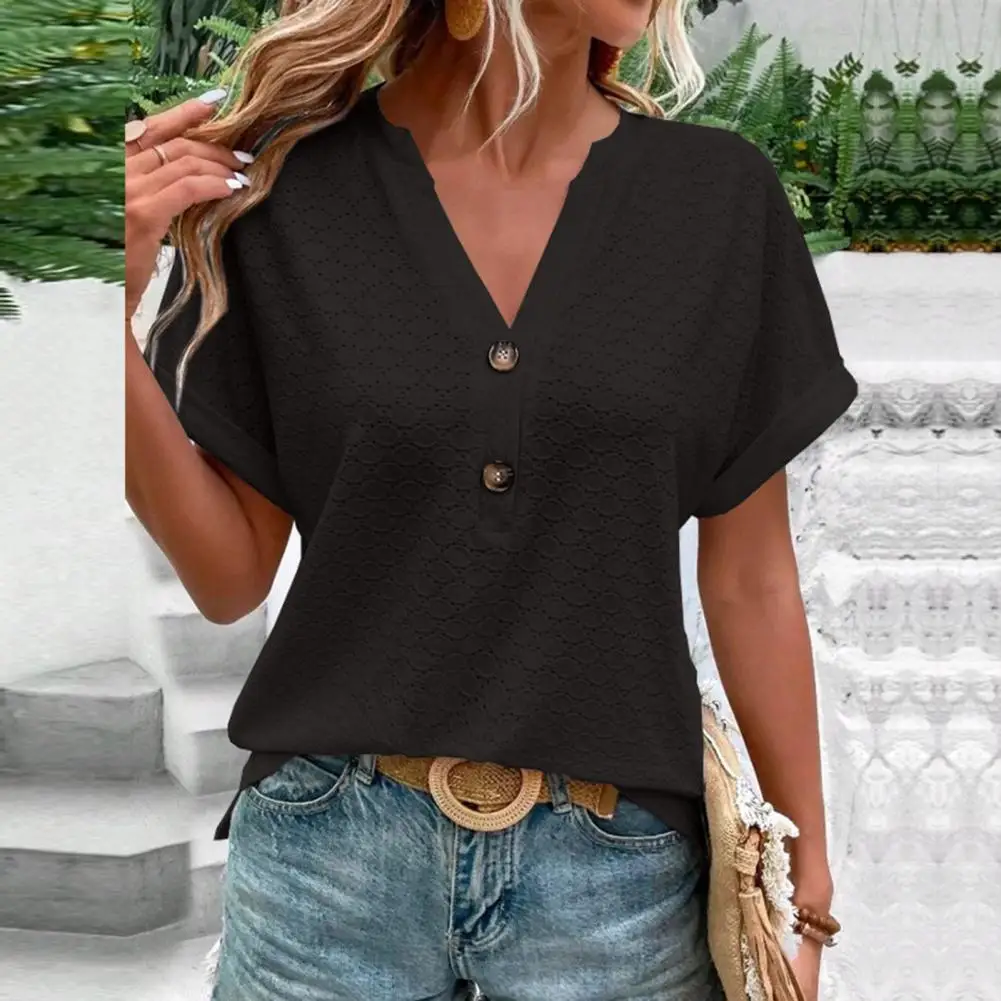 Breathable Women\'s V-neck Summer Tops Soft Pullover with Hollow Out Design Loose Fit  Button Decor Stylish Female Clothing