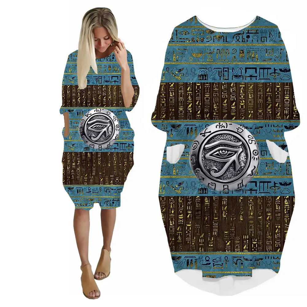 SONSPEE Vintage 3D Print Of The Eye Of Horus Dress Long Sleeve Pocket Skirt Lady Casual Plus Size Streetwear Camouflage Robe