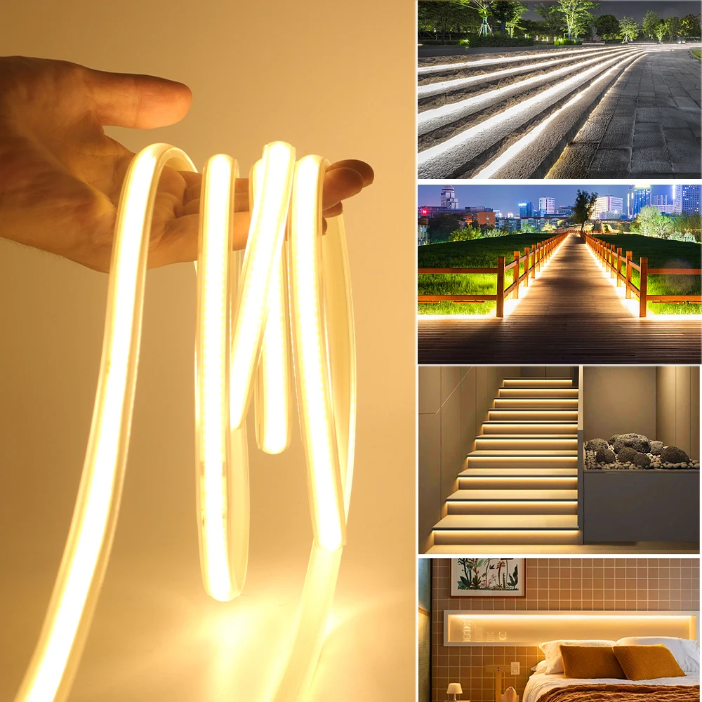 COB LED Strip AC 220V Waterproof 288Leds/M Warm/Natural/Cool White Garden Decor Flexible Ribbon Tape Light Strip