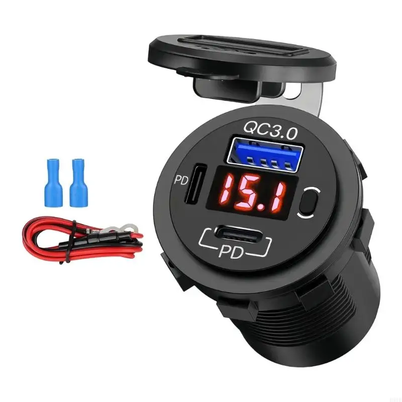Motorcycle Phone Chargers Power Socket with Voltmeter Readout, Three-Port Type-C and USB-A Design, Panel Mount H9EE