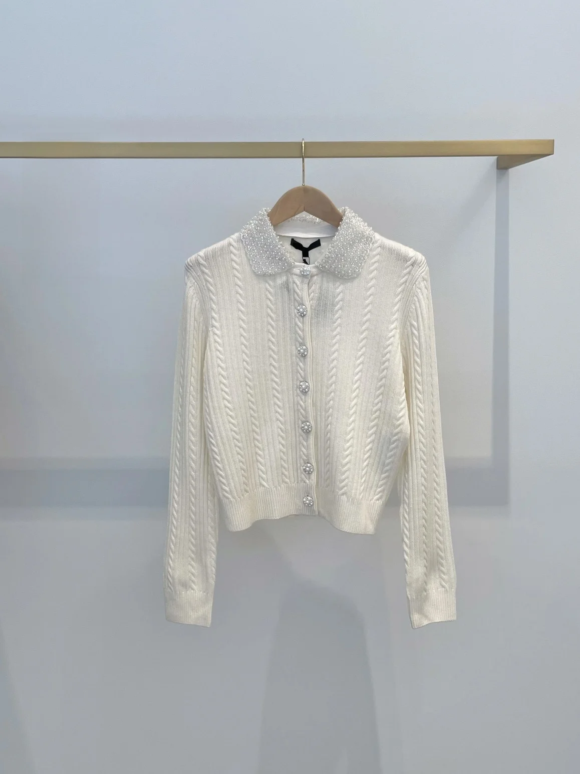 

White Pearl Button Stand Collar Knitted Open Cardigan Retro Style Women's Loose Fit Long Sleeve Neck Pullover 2025 Autumn