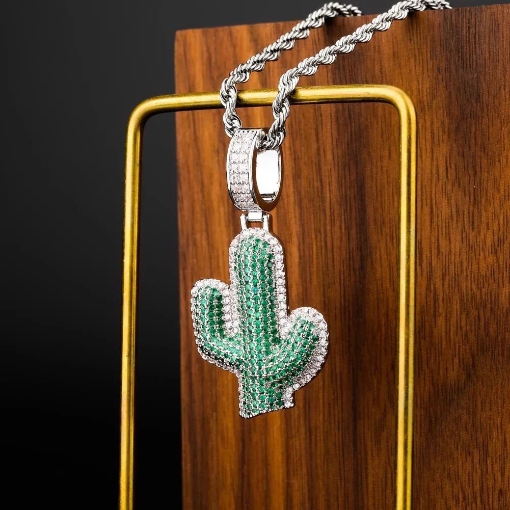 TOPGRILLZ Iced Out Cactus Pendant Necklace Newest AAA Green Cubic Zircon Men\'s Charms Necklace Fashion Plant Hip Hop Jewelry