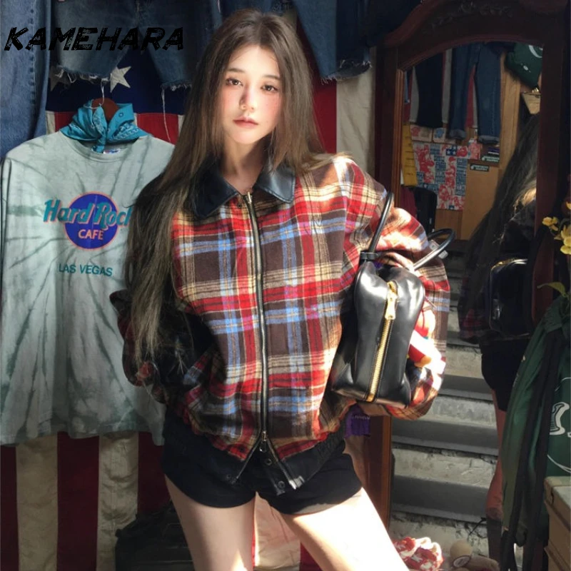 

KAMEHARA Y2k Stand Collar Short Leather Tops Zipper Solid Single Breasted Full Sleeve Lapel Belt Coat Autumn Lady Chic Outwears