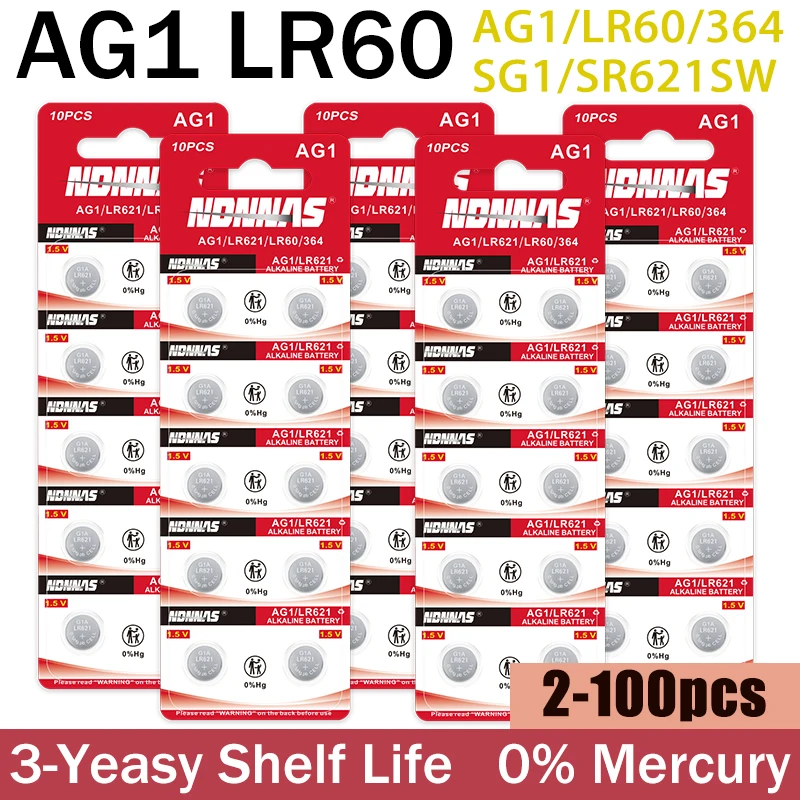 (2-100PCS)AG1 LR621 SR621SW Button Cell &164 SR60 364 Watch Battery 1.5V Alkaline for Clock Remote-Compatible with 363,L621,CX60