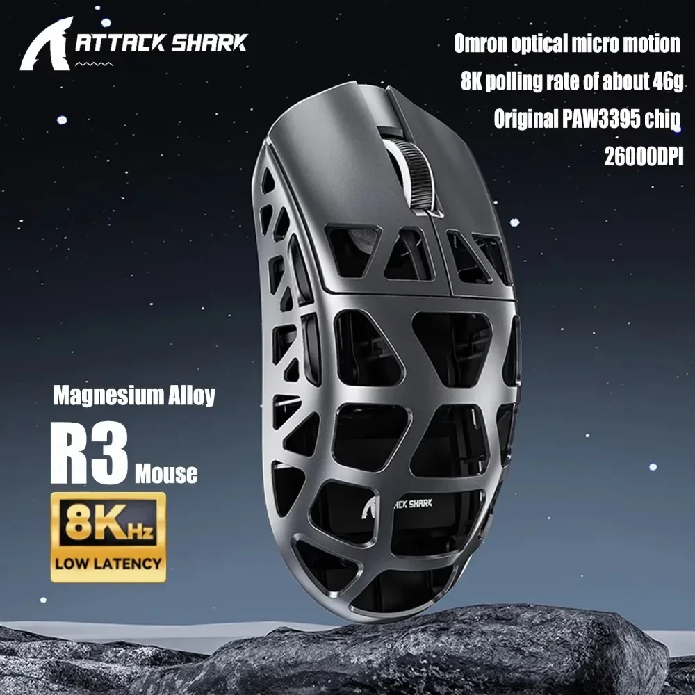 

Мышь Attack Shark R3 из магниевого сплава 8 кГц PixArt PAW3395 с датчиком до 26000 точек на дюйм 2,4G/BT/проводная 46 г сверхлегкая мышь для ПК/Mac для киберспорта