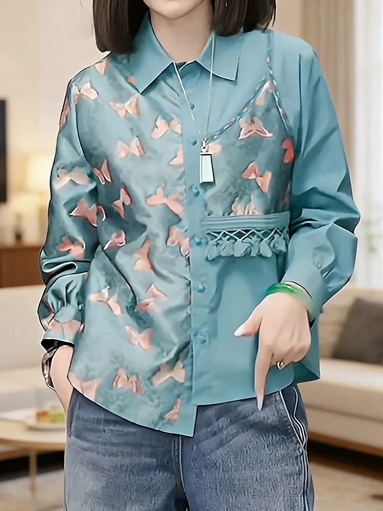 

Новая женская повседневная блузка свободного кроя в китайском стиле с воротником, весна 2026, модный топ с бахромой и имитацией двухслойности