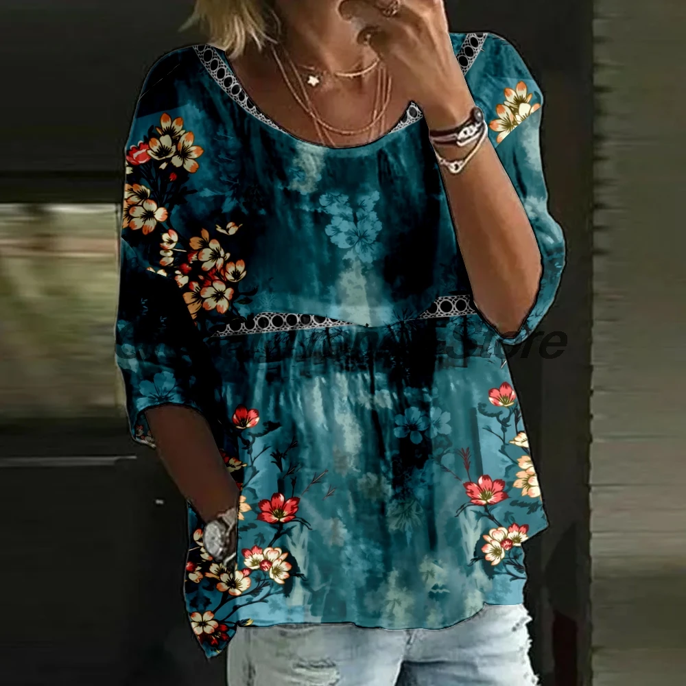 Women's Watercolor Floral Print 3/4 Sleeve Blouse Loose Fit Crew Neck Tunic Tops Lady's Daily Top Shirts