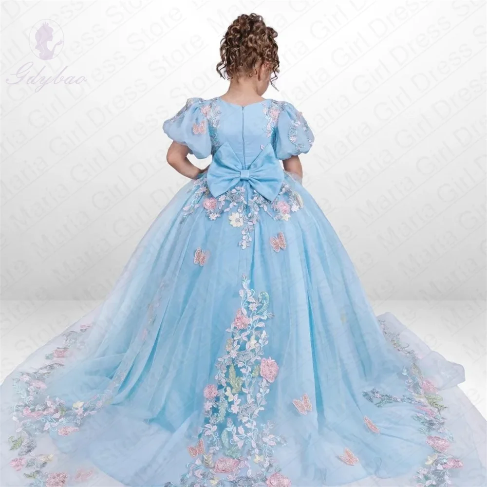 Customized Light Blue Puff Sleeves Flower Girl  Dresses 3D Decals Princess's Birthday Party Formal Events With Trailing