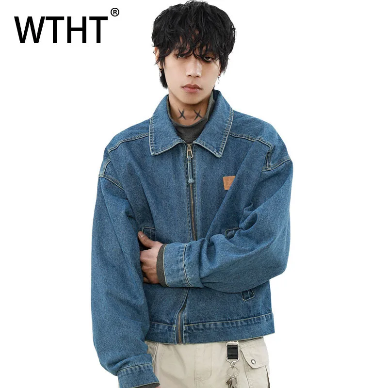 

WTHT Vintage Men‘s Wash Do Old Design Loose Denim Coats Fashion Turn Down Collar Zipper Casual Jackets Male 2025 Autumn 2A2237