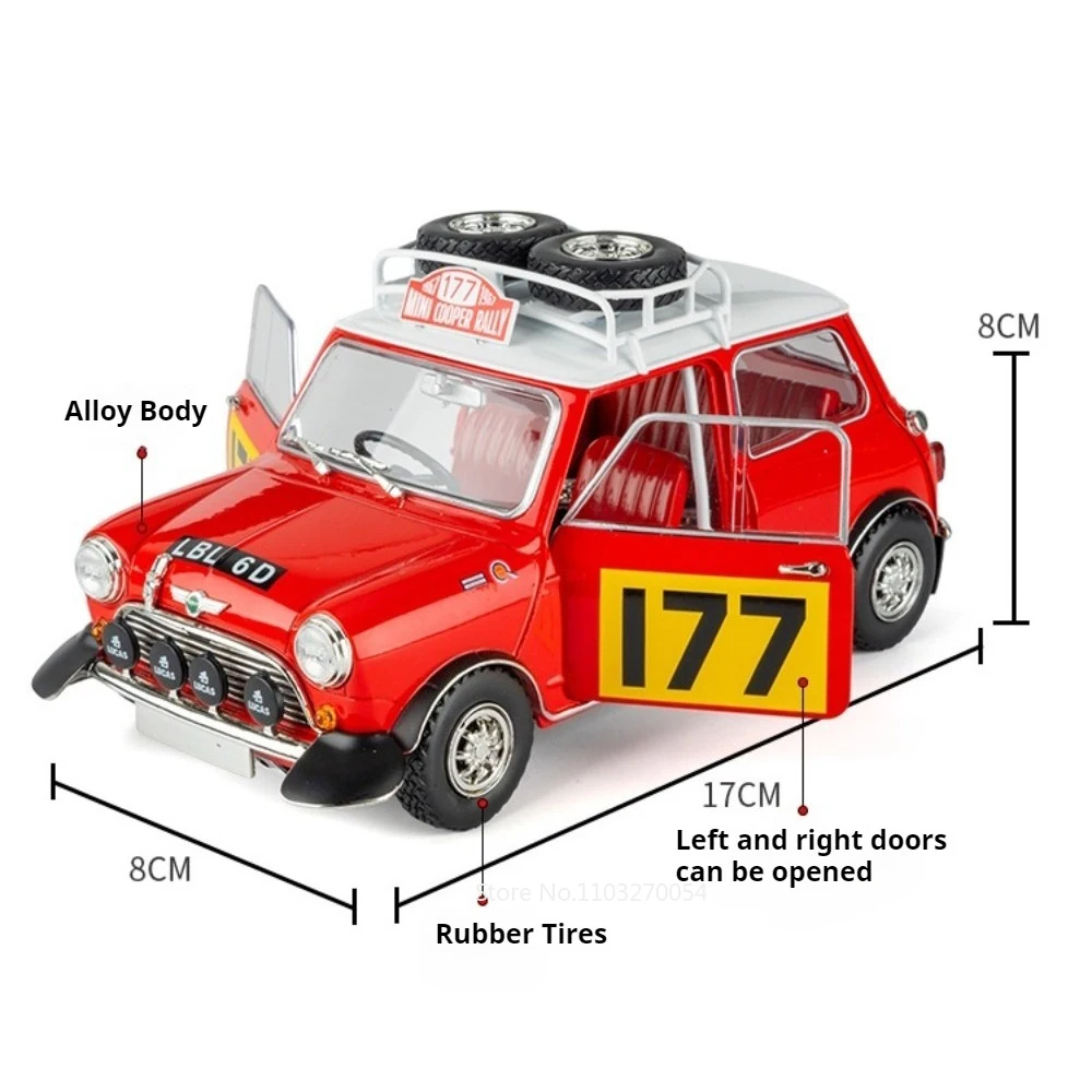 1:18 MINI Cooper Off Road Racing Car No. 177 Alloy Model Toys Diecast Car Doors Opened Rubber Tire Vehices Collectible Ornaments