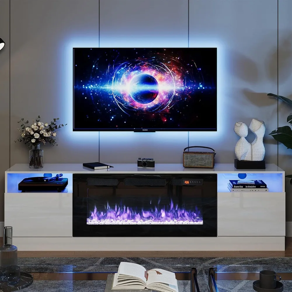 LED Light Entertainment Center, Modern Wood Texture Highlight Storage Cabinet for TVs Up to 80