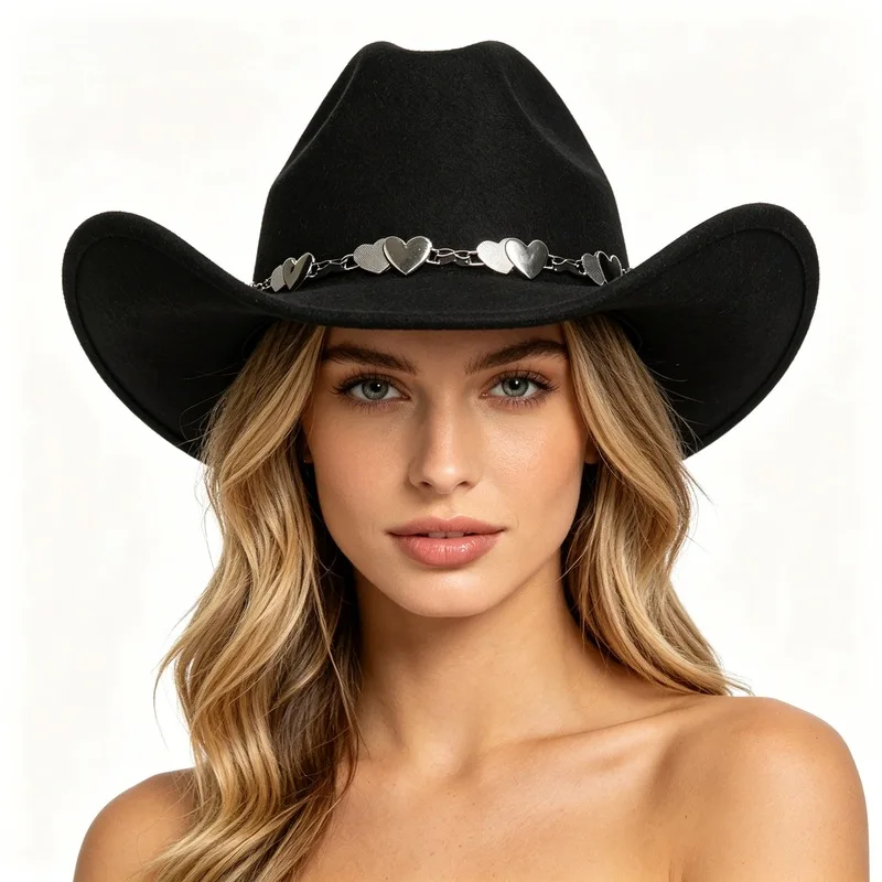 Western Cowboy Turquoise Chain Autumn Winter Women's Fashion Casual Vintage Top Hat