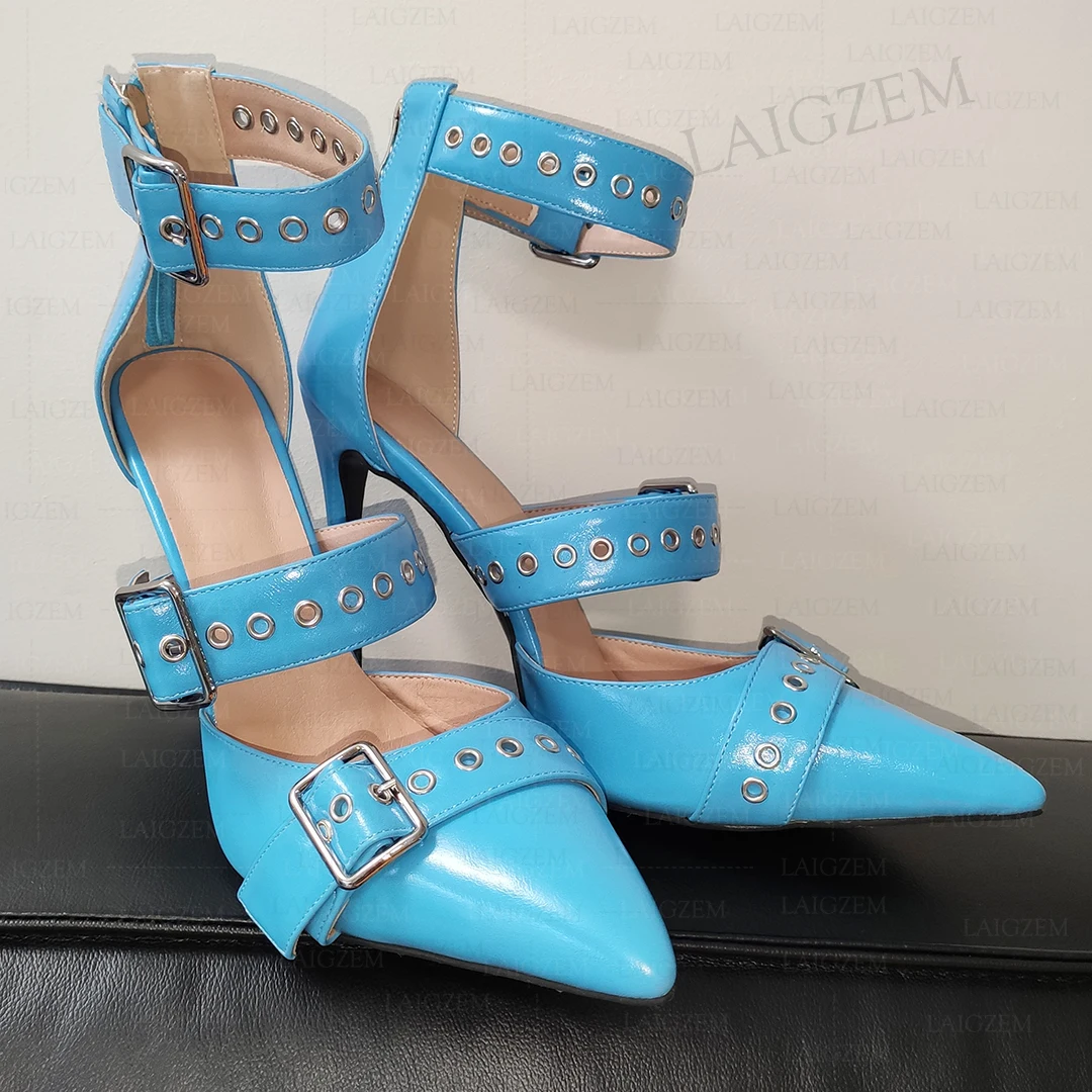 BERZIMER Women Pumps Pointed Toe Buckle Straps Back Zip Thin High Heels Party Club Sandals Shoes Woman Big Size 38 41 43 45 47