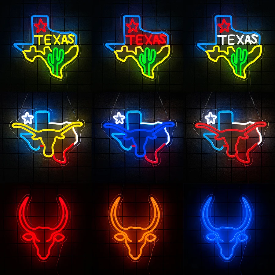 Letrero de Neón de Texas, Letrero Luminoso LED de Neón con Diseño de Toro Longhorns para Decoración de Pared, Luces de Neón Alimentadas por USB para Dormitorio, Sala de Juegos, Bar o Cueva del Hombre