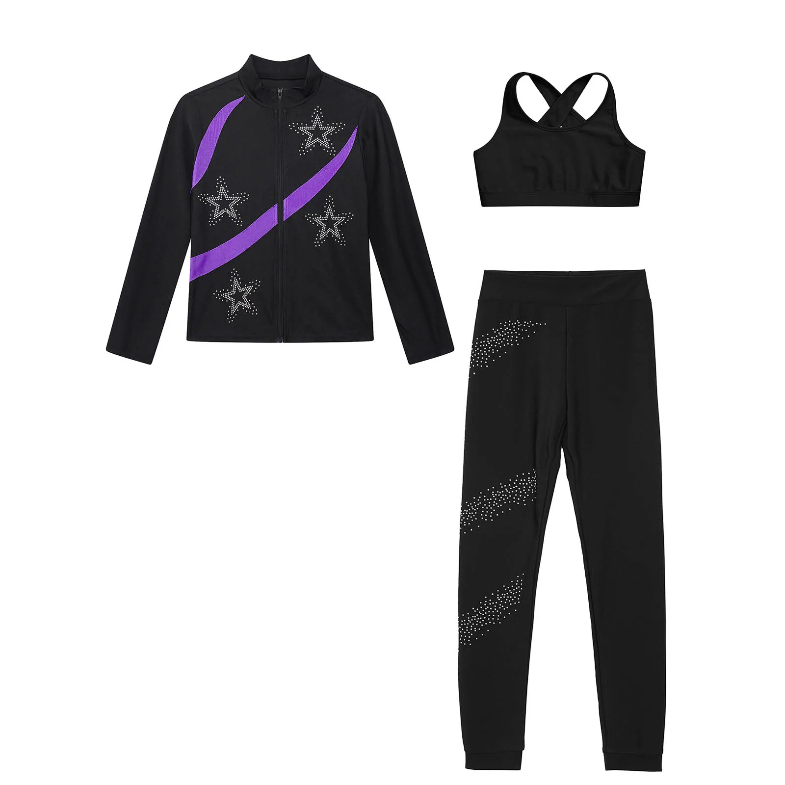 

Kids Girls Gymnastics Figure Skating Sports Costume Shiny Rhinestone Star Long Sleeve Sweatshirt with Pants And Vest Sports Set