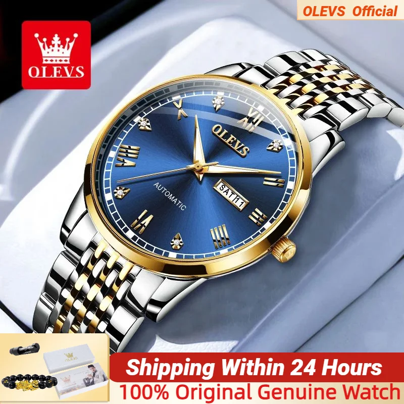 OLEVS ساعة ميكانيكية أوتوماتيكية للرجال ، حزام من الفولاذ المقاوم للصدأ ، مقاوم للماء مضيئة السويسري ، العلامة التجارية العليا ، الأصلي ، 6602 #1