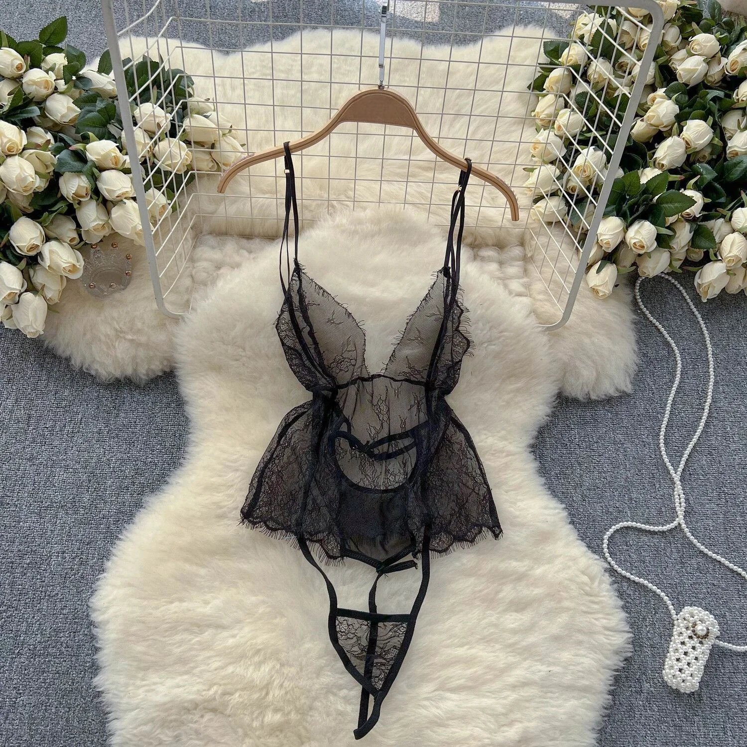 Sheer Lace Strap Playsuit Deep V-Neck Slim Backless Dress Sexy Ultra-Thin One-Piece Women's Pajamas Transparent Erotic Lingerie