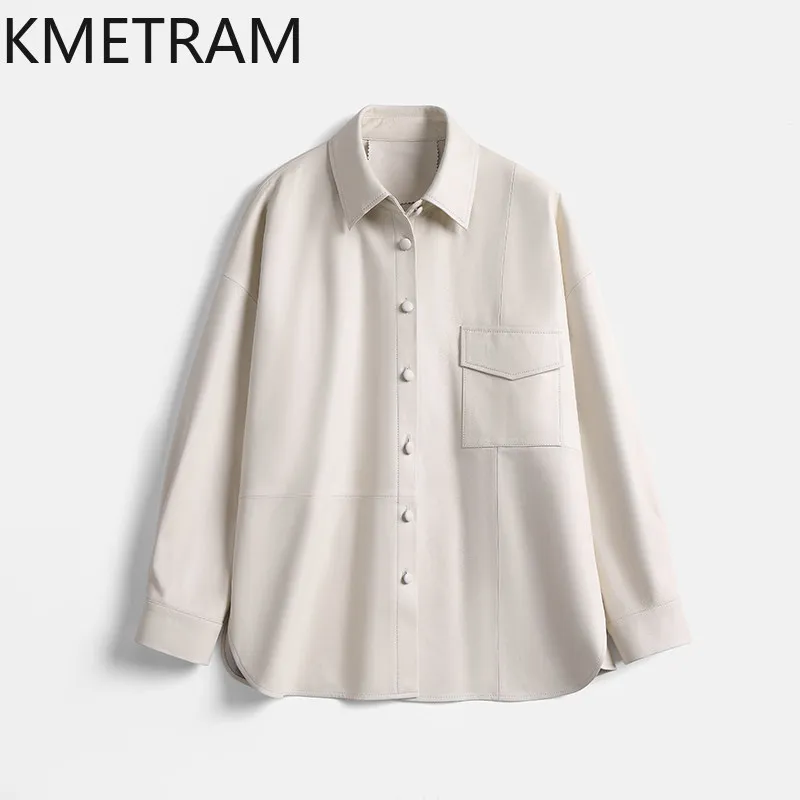 KMETRAM High Quality Sheepskin Genuine Leather Jacket Woman Shirt Leather Coat Polo Collar Jackets of Woman Long Sleeve Tops 자켓