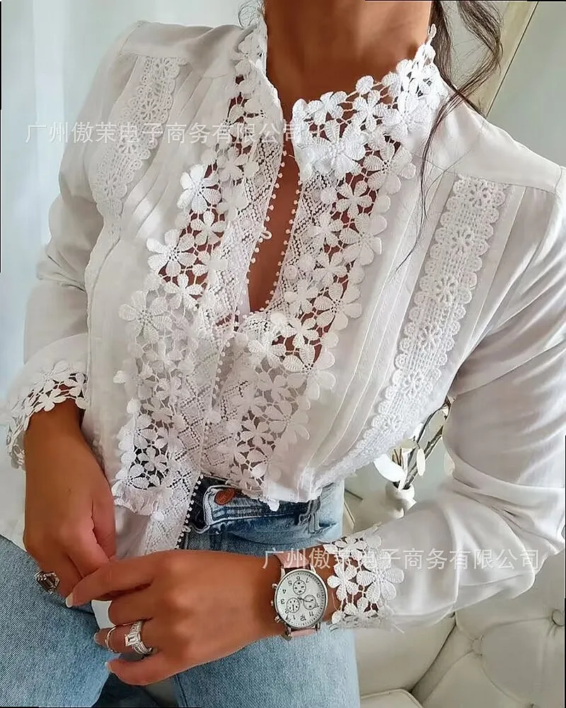New Women White Lace Floral Patchwork Long Sleeve Blouse Tops Spring Summer Shirts 6