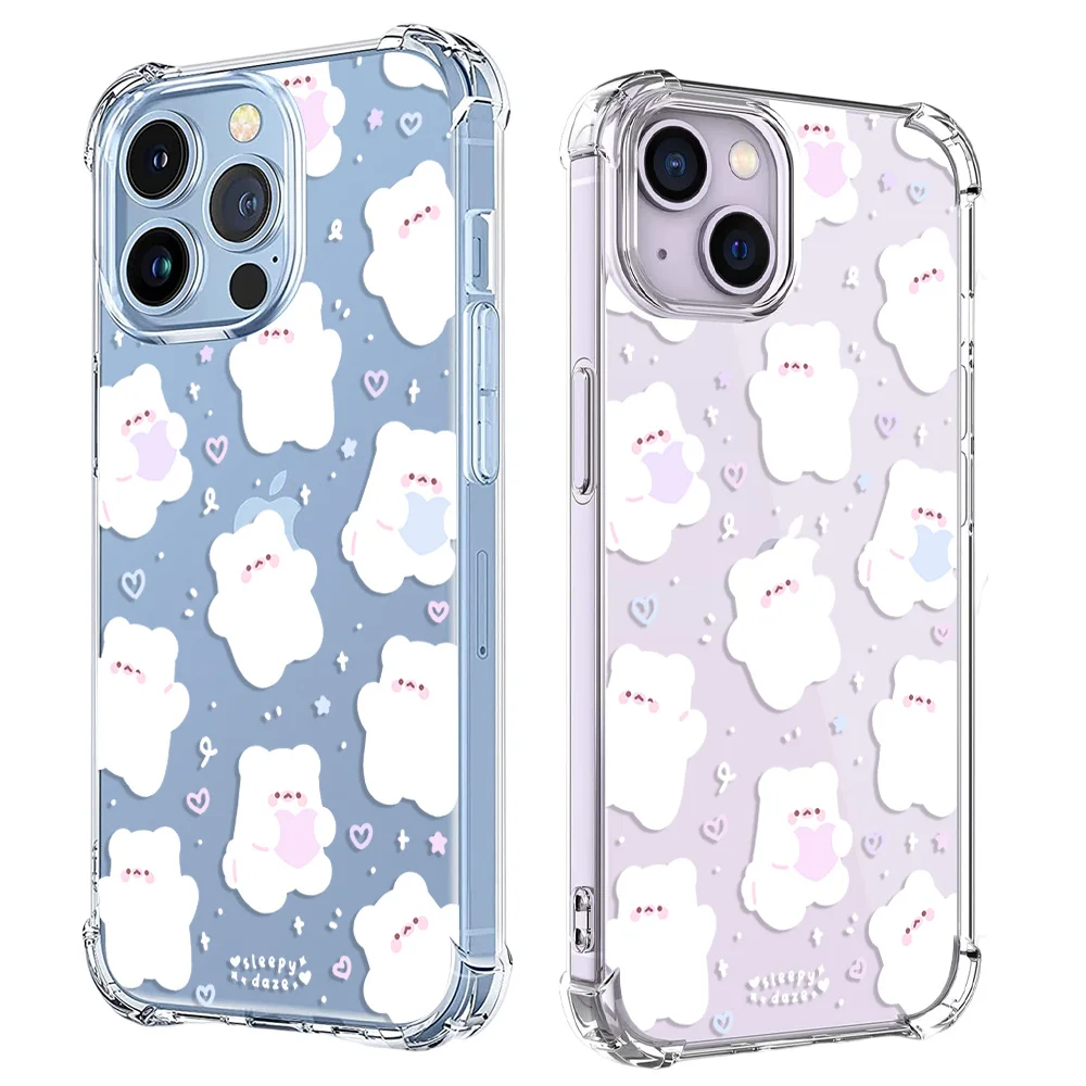 Full Screen Cute Bear Case For iphone 15 14 13 12 11 Pro X Xs Xr Max 7 8 Plus Se 2 3 Mini Shockproof Soft Clear Tpu Back Cover