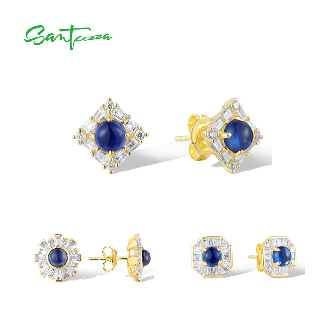 

SANTUZZA 925 Sterling Silver Stud Earrings For Women Sparkling Synthetic Blue Spinel Geometric Design Elegant Gifts Fine Jewelry