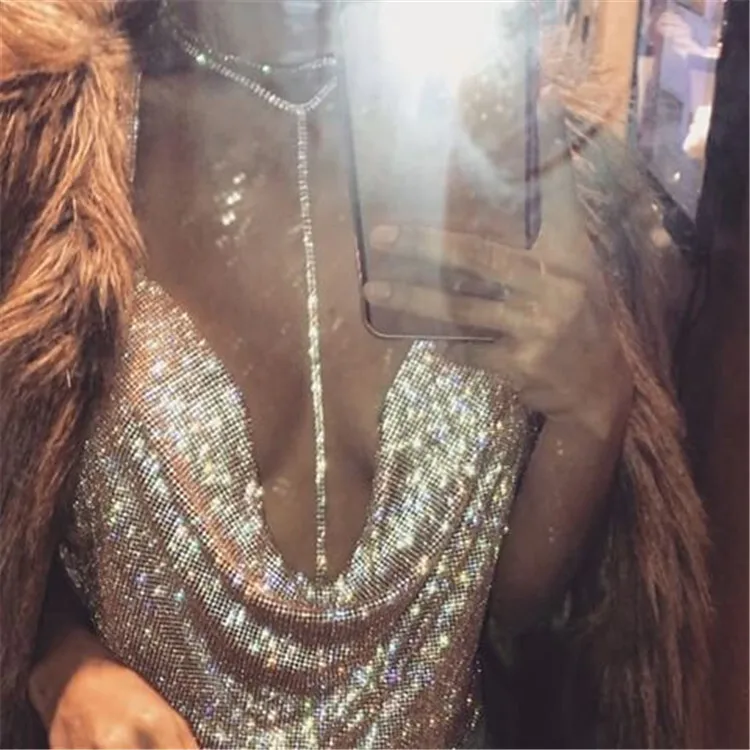 

Women's Nightclub Low Cut Bareback Flash Diamond Tether Strap Deep V Umbilical Tank Top LBZ622
