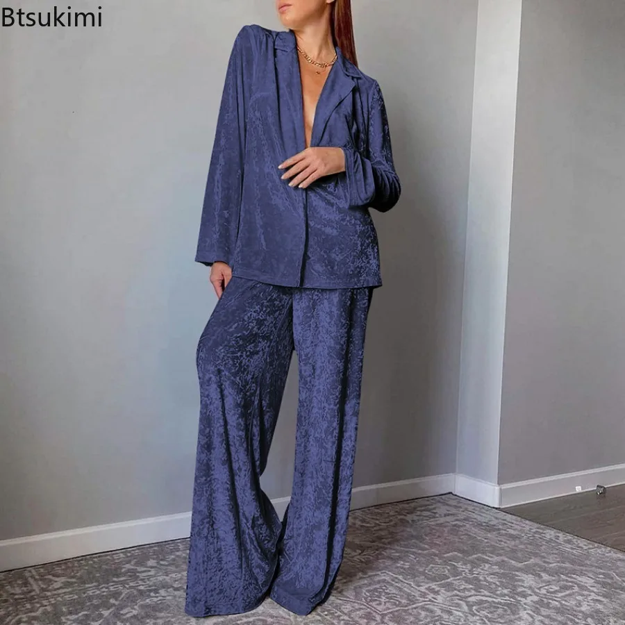New Beige Velvet 2PCS Home Wear Sets Winter Long Sleeve Tops and High Waist Pants Pajamas Two Piece Set Women Nighties Sleepwear