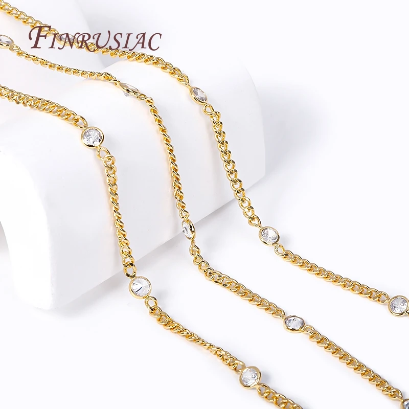 Trendy Loose Chain 18K Gold Plated Brass Mental With Zircon Crystal Beads Chains For DIY Handmade Jewelry Making Accessories