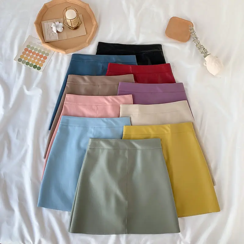 Solid Zipper Wrap Hip Leather Skirt Autumn Winter New Korean High Waist Mini Skirt Female Chic Sexy Club A-line Pu Skirts Women
