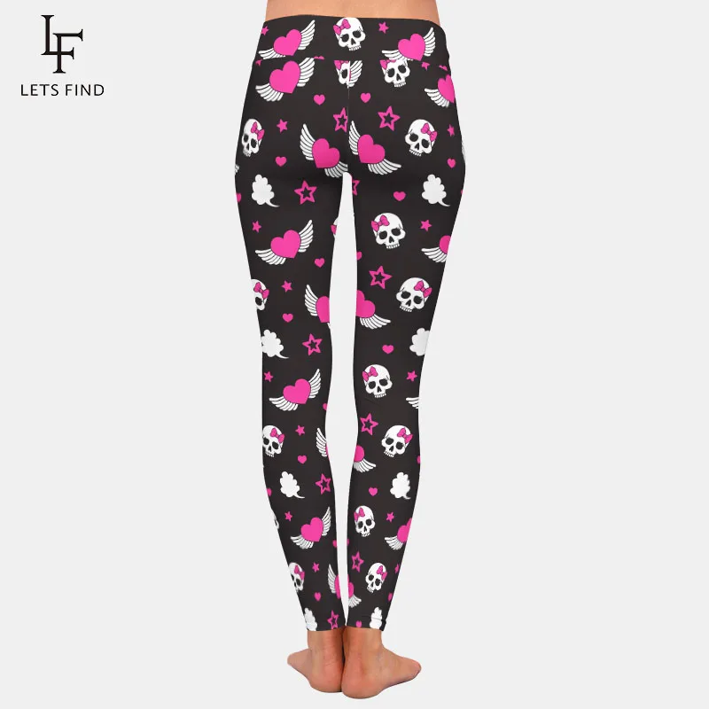 LETSFIND Legging Wanita Motif Digital Sayap Hati dan Tengkorak 3D Legging Seksi Elastis Ramping Kebugaran Pinggang Tinggi