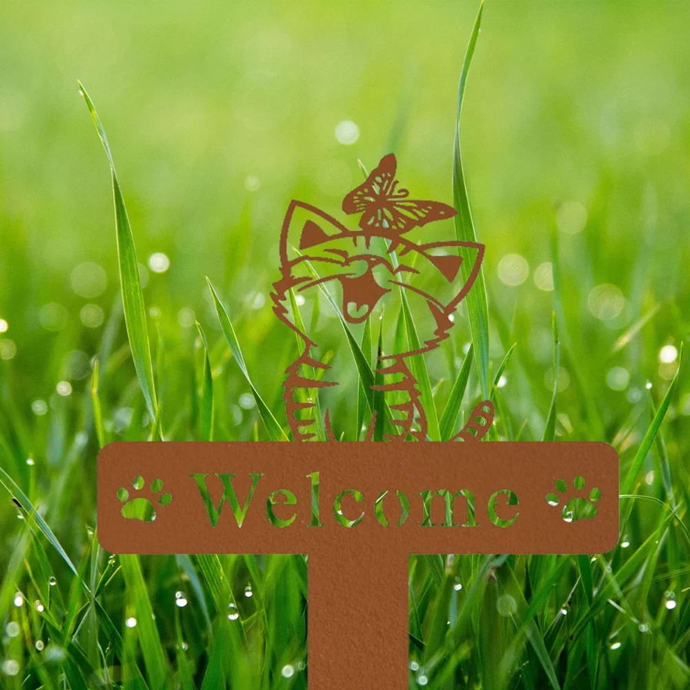 CIFBUY Metal Wall Art Cat Stake Butterfly Memorial for Home Garden Yard Decor Iron Hanging Signage Plaque Wall Sculpture  Accent