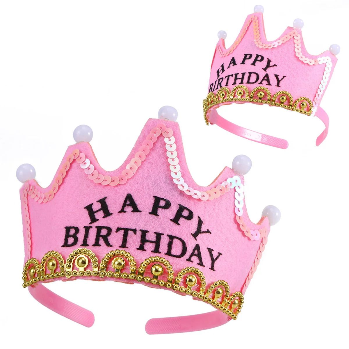 

LED Birthday Party Crown Hat Pink Color Kids Adults Adjustable Modes Plastic Non-Woven Lighted Birthday Accessory