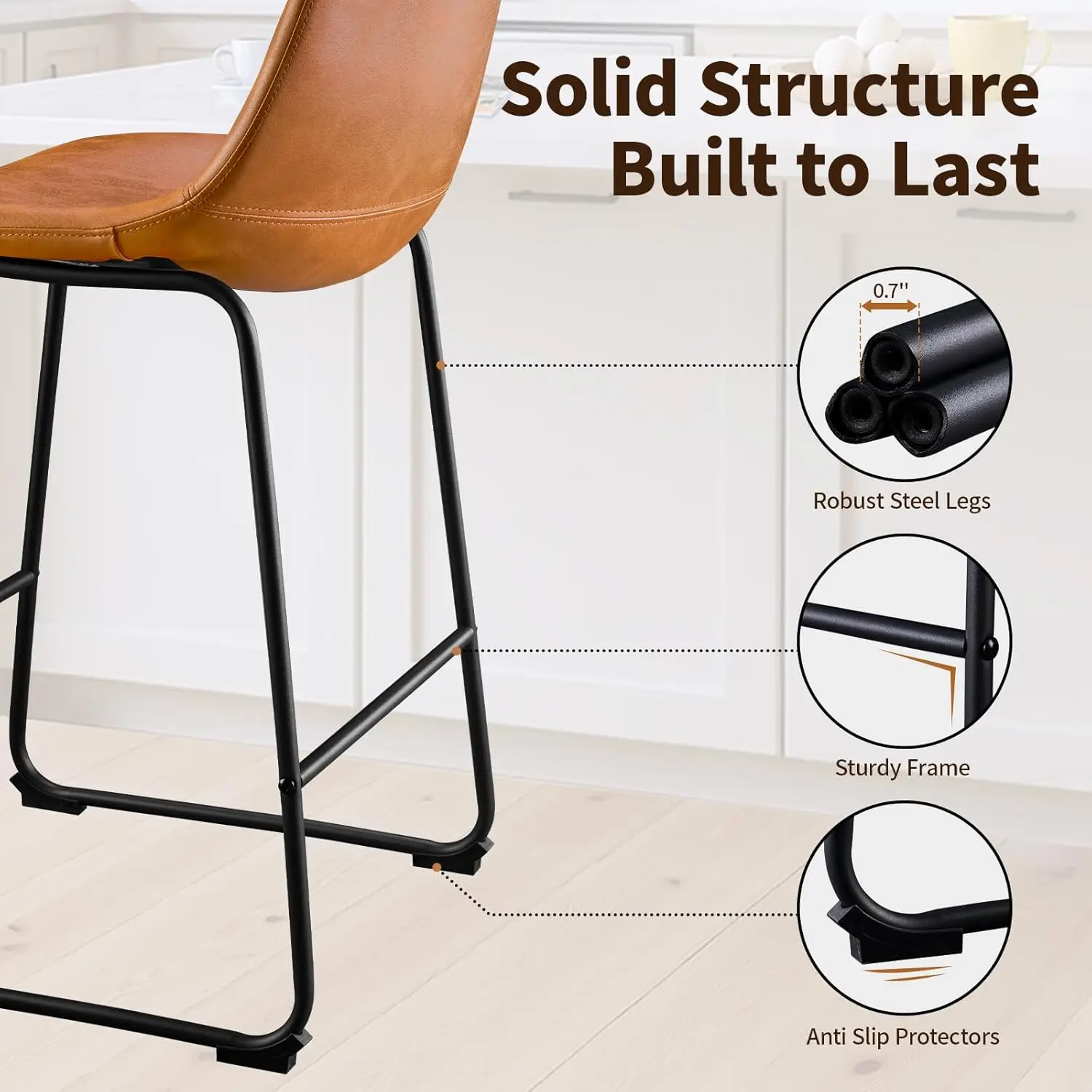 26 Inch Bar Stools Set of 4, Modern Crazy Horse Leather Counter Stools with Back, Whiskey Brown