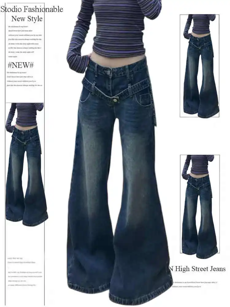 

Women's Flare Jeans Baggy Low Rise Denim Pants Japanese Goblin Core Abi Y2k Cowboy American Retro High Street Punk Bell Bottom