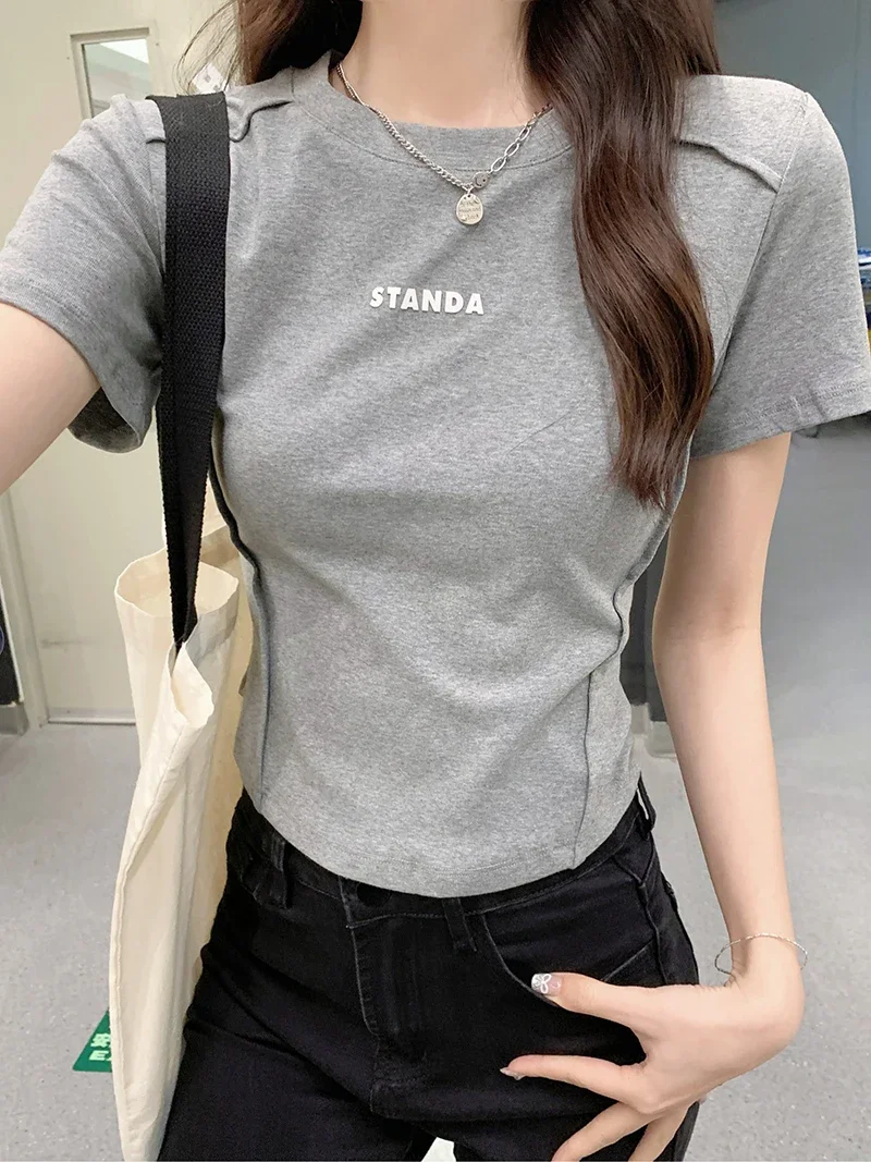 

2025 Cotton Thread 210g Combed Cotton Summer Korean New T Shirts Women Slim Tops O Neck Short Sleeve Tees Tide Tide
