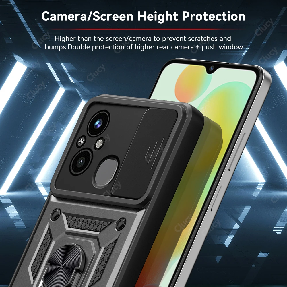 ل Xiaomi Redmi 12C 13C 10C 9C NFC كاميرا للصدمات درع الحال بالنسبة Redmi 11A 10A 9A 9AT سيارة حامل مغناطيسي حلقة غطاء وقائي