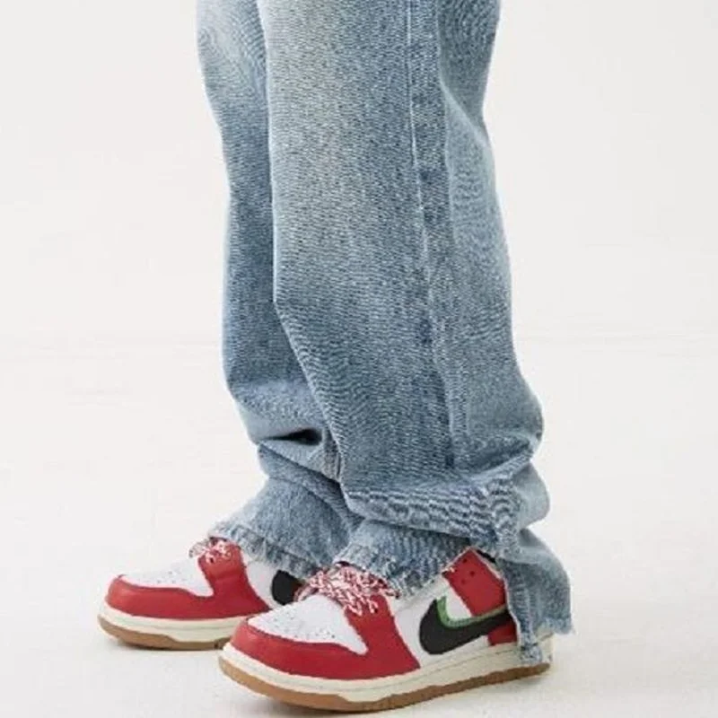 2022 New American Slit Jeans Spring Light Blue Casual Men's Pants Street Style Falling Feeling Ground Dragging Straight Jeans