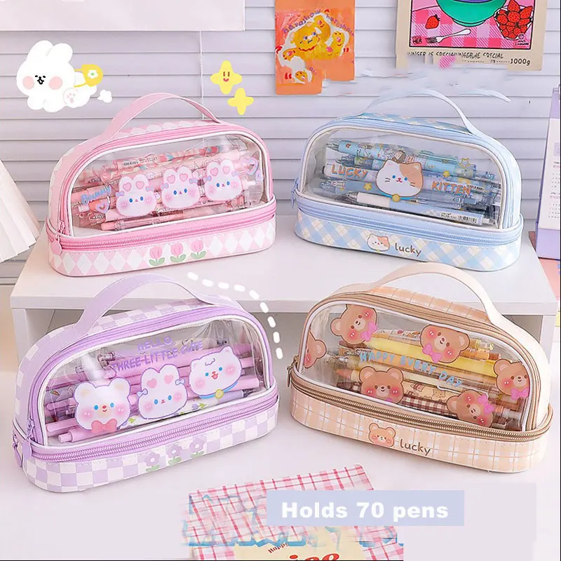 Grande trousse trasparente per cosmetici, borsa da viaggio multistrato, trasparente, beauty case ricamate con lettere, borsa per gnocchi per donne, ragazze, Colore: rosa., vedi descrizione, Vedi