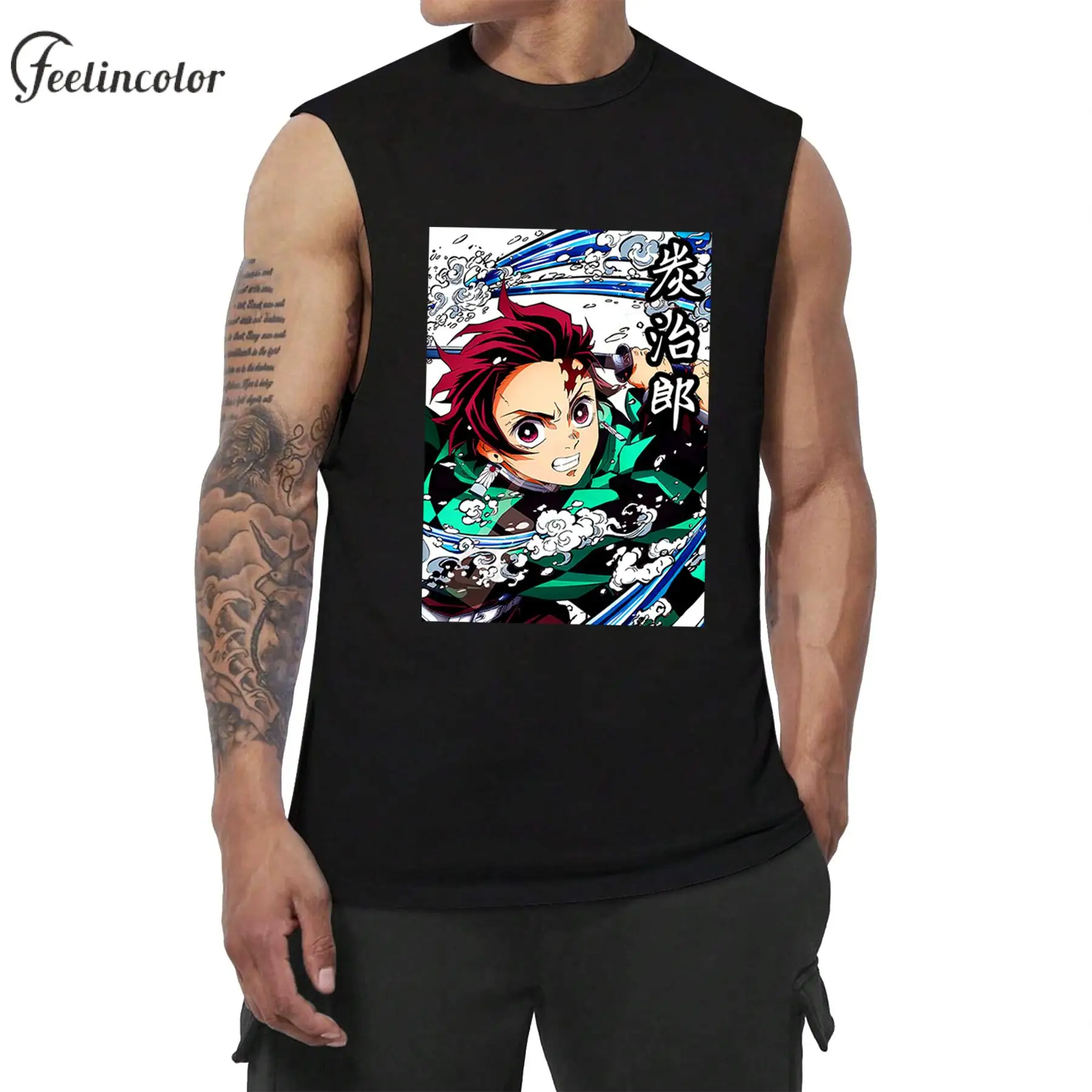 Tanjiro Kamado Graphic Shirt for Men Japanese Anime Print Tank Top Zenitsu Agatsuma Sleeveless Tee Inosuke Hashibira Streetwear