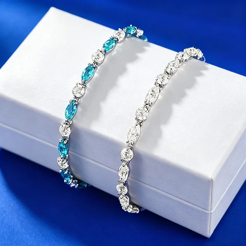 Luxurious and Exquisite 18K Real Platinum PT950 Paraiba Marquise Stitched Moissanite Bracelet for Women Fashion