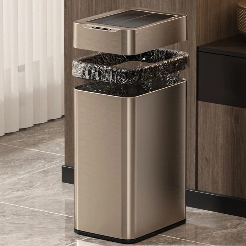 Stainless Steel Inductive Trash Can Waterproof Blockade Odor Waste Bin Saving Space Stable Thick Modern Household Cleaning Tool