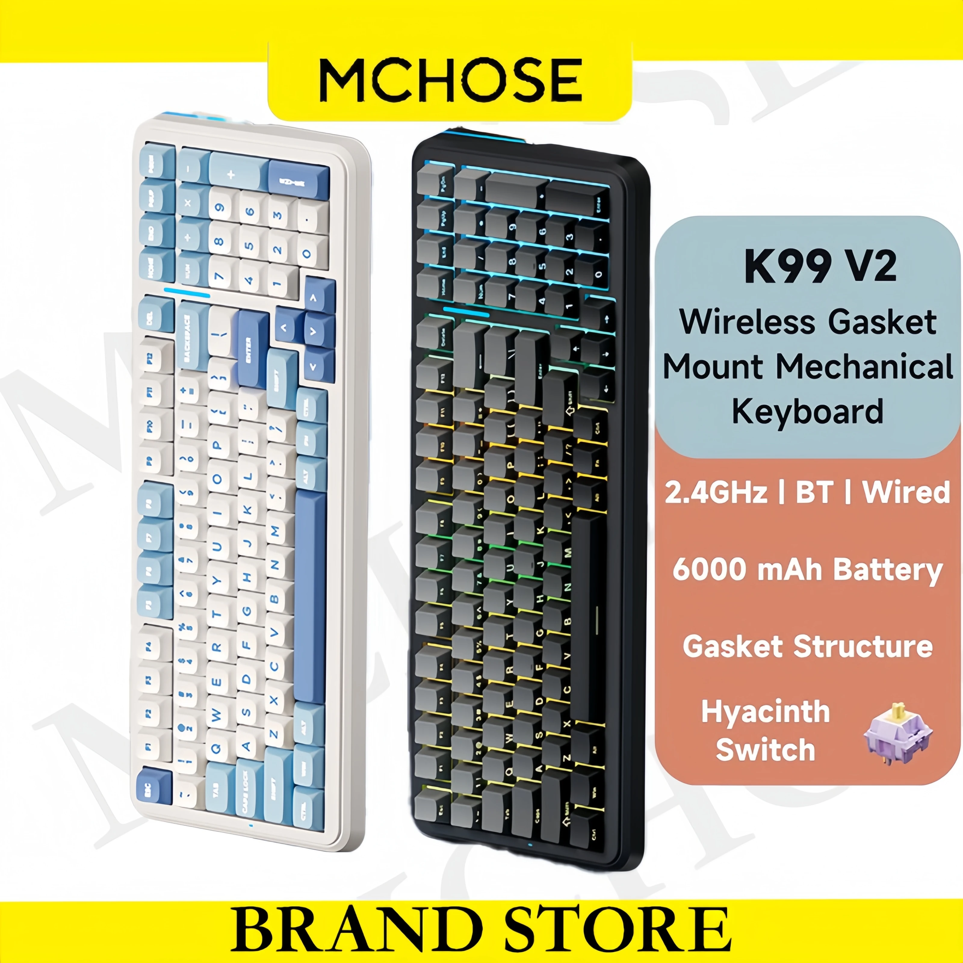 

MCHOSE K99 Беспроводная игровая клавиатура с прокладкой 98%, механическая клавиатура по индивидуальному заказу BT5.0/USB-C/2,4 ГГц, кремовая, 6000 мАч, с возможностью горячей замены