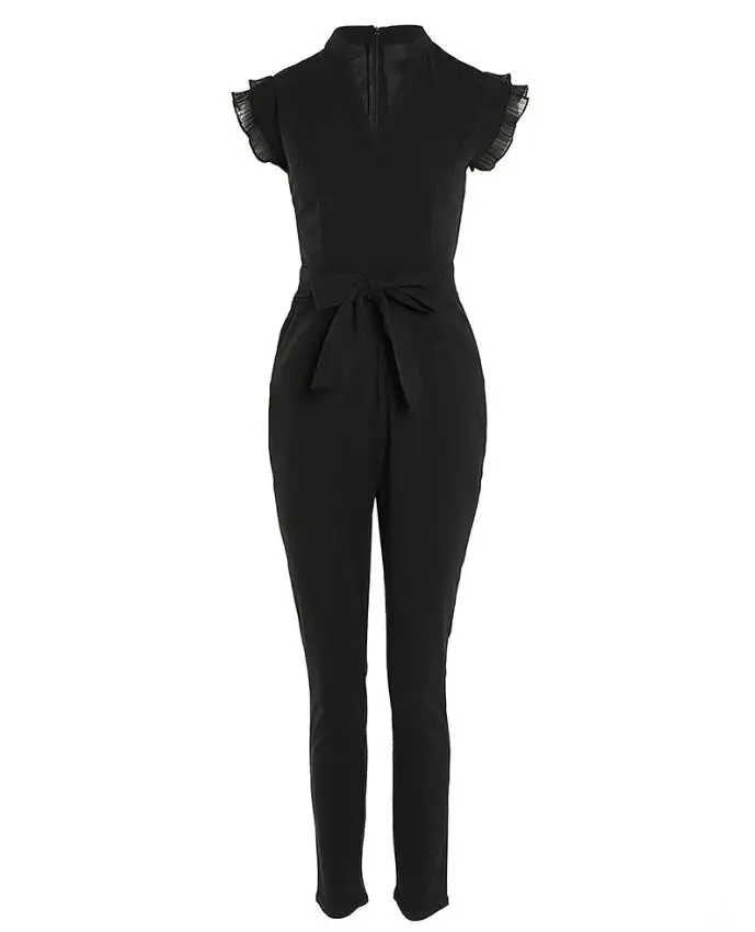 2024 Summer Woman Long Jumpsuits Elegant Sexy Flutter Sleeve Pocket Design Jumpsuit with Belt New Fashion Casual One Pieces