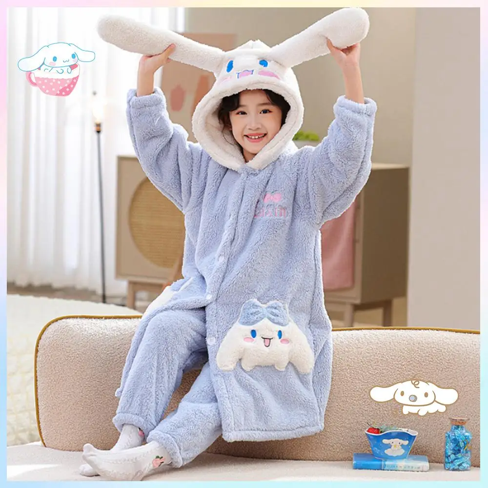 2Pcs Cinnamoroll Kuromi Girls Pajamas Anime Sanrio Coral Fleece Kids Night-Robe Pants Thicken Winter Warm Parent-Child Nightgown