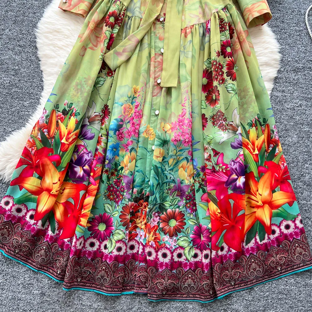 2025 sommer Druck Große Schaukel Kleid Weibliche Laterne Hülse Stehkragen Einreiher Spitze Up Design Frauen Vintage Lange Kleider