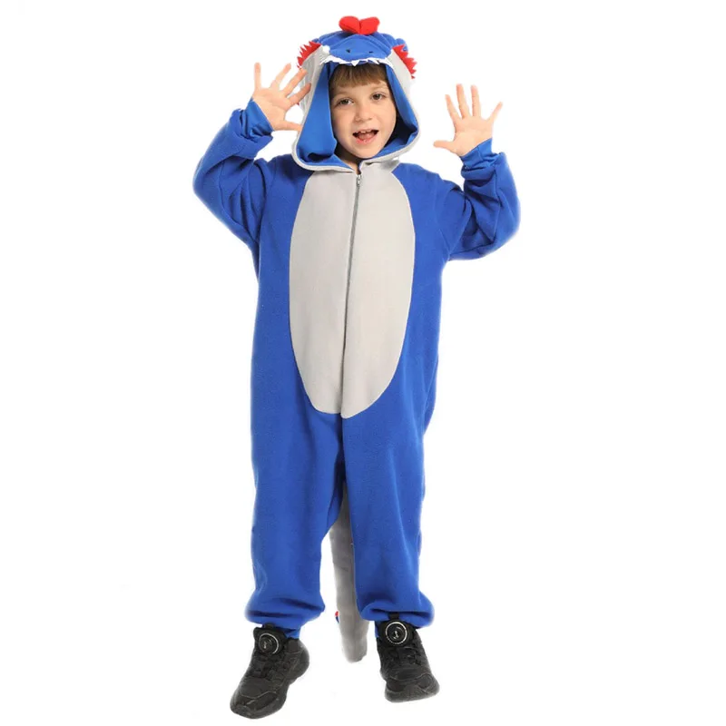 زي ديلوفوسورس الصغير بذلة بقلنسوة زرقاء مع ذيل للفتيات على شكل حيوانات للهالوين زي للأولاد على شكل ديناصور العالم الجوراسي #3