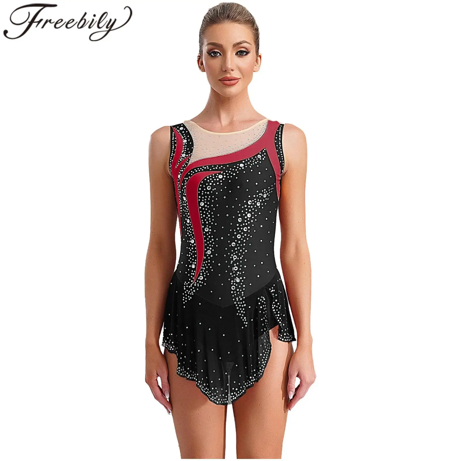 Vrouwen Ballet Jurk Mouwloos Moderne Lyrische Dans Kostuum Strass Gymnastiek Kunstschaatsen Turnpakje Prestaties Danskleding