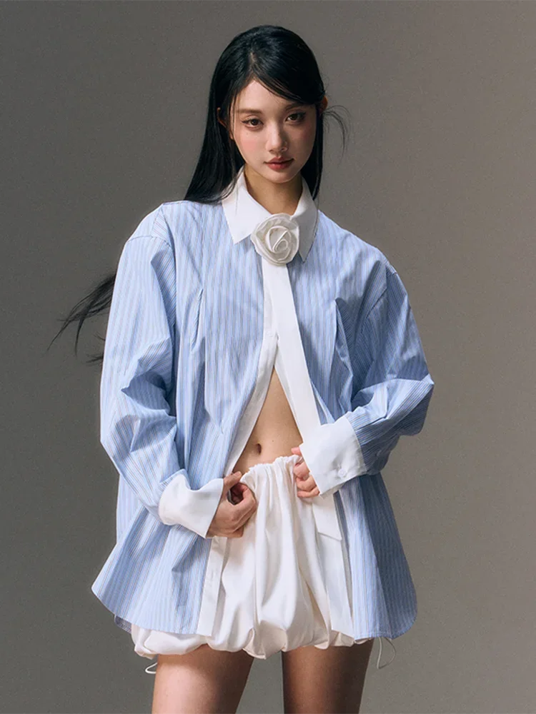 Zoki ثلاثية الأبعاد الأزهار مخطط قميص المرأة عادية أنيقة طويلة الأكمام الكورية بلوزة فضفاضة تصميم الأزياء المرقعة الإناث الحلو القمم جديد #4