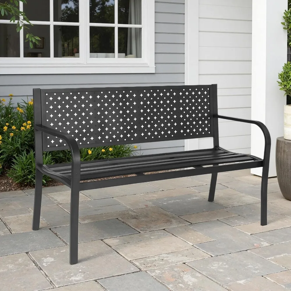 

Patio Metal Garden Bench Outdoor Park Benches, Iron Steel Frame Chair Mesh Pattern 500 lbs - Park Yard Front Porch Bench