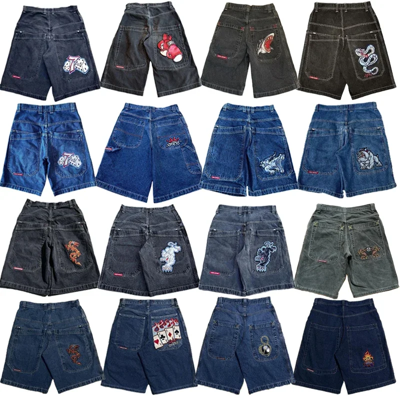 Pantalones cortos de mezclilla holgados para hombres y mujeres, ropa de calle de Hip Hop, patrón bordado Y2K, moda Vintage, Harajuku, JNCO, Verano